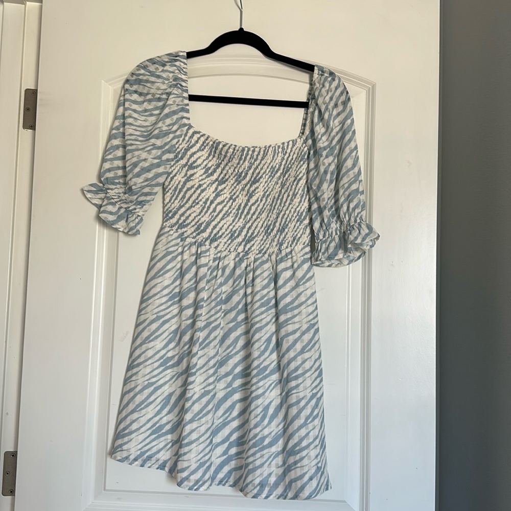 Women’s White and Blue Tiger Stripe Babydoll Dress - Size Small
